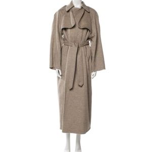 Khaite: Tan Long Cashmere and Wool white stitching detail coat
